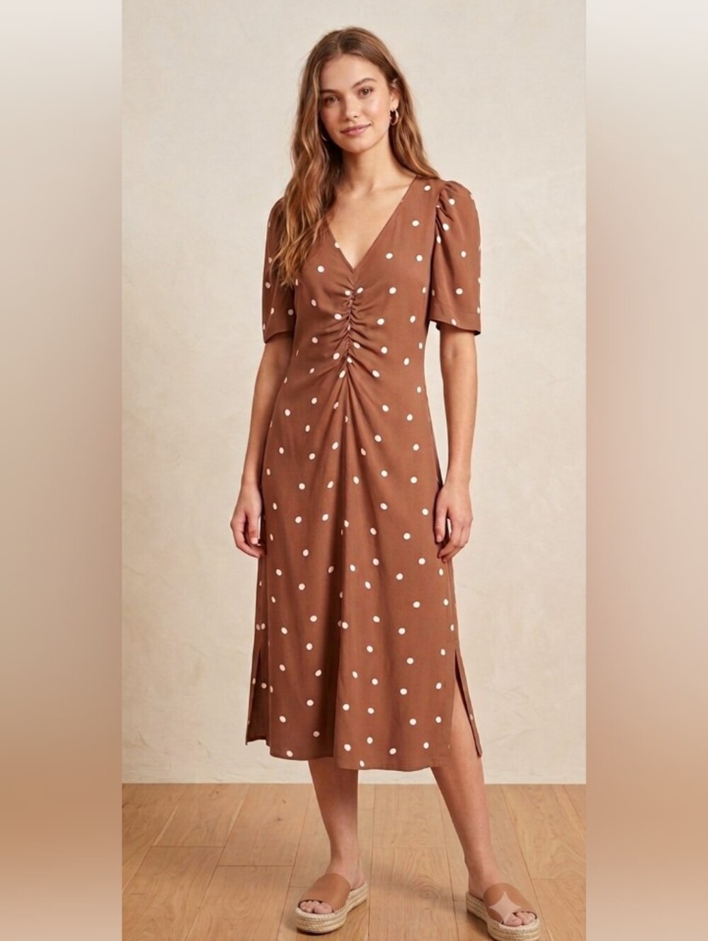 Brown Polka Dot Ruched V-Neck Midi Dress
